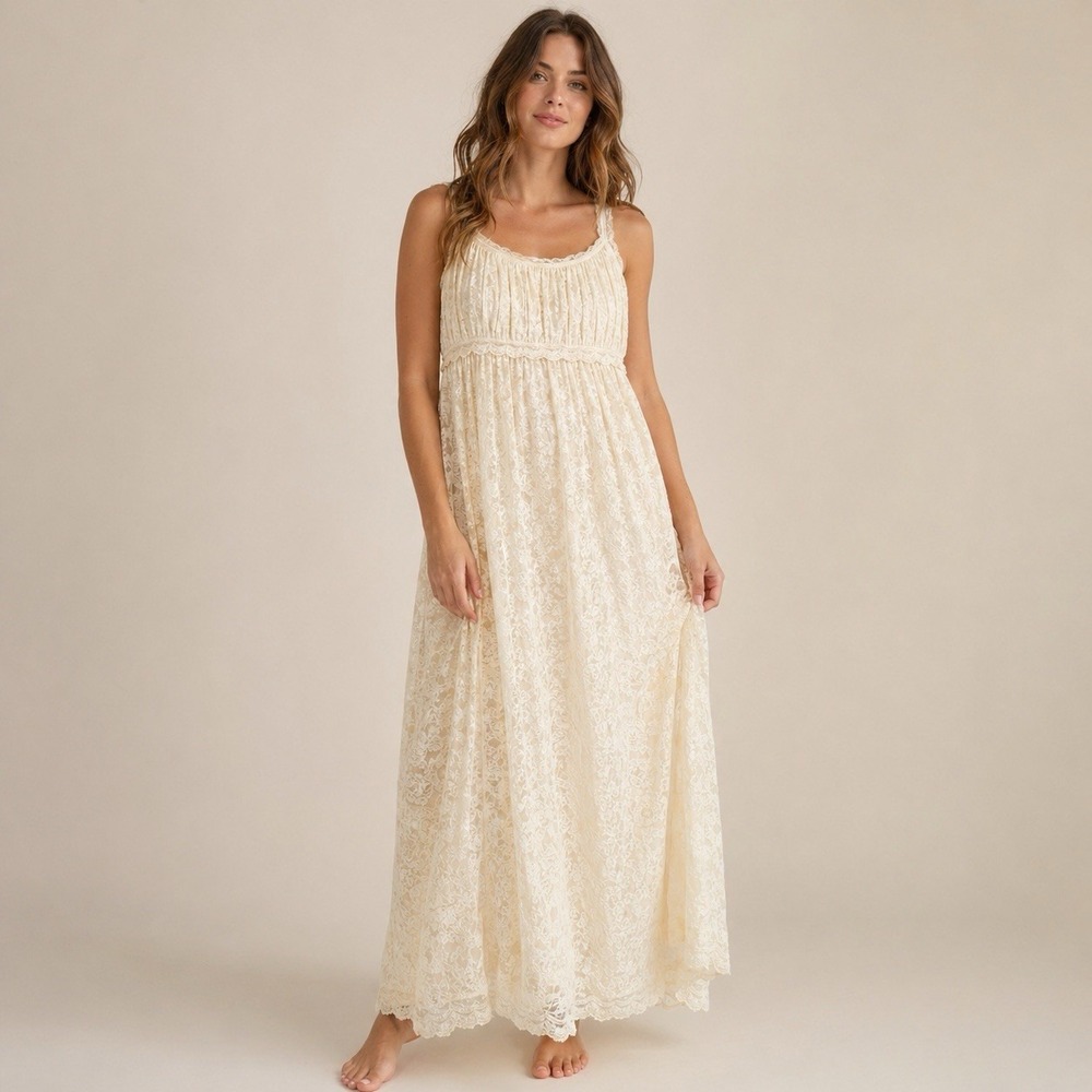 Vintage Lace Nightgown Large Maxi Dress Ivory Empire Waist Cottagecore Romantic